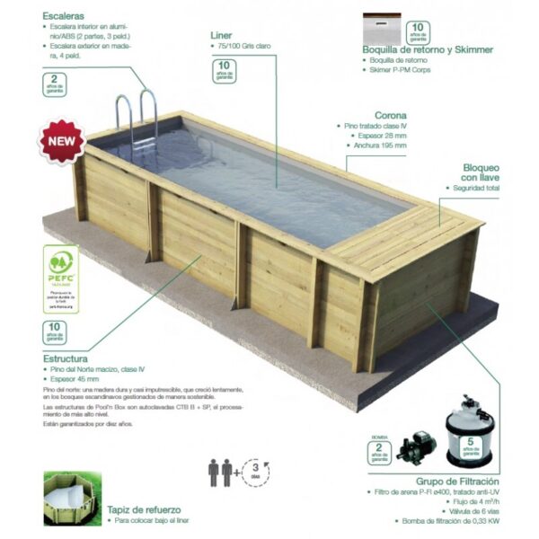 Piscina de madera POOL'N BOX 6,10m x 2,37m x 1,33m - Imagen 8
